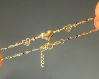 18K Solid Yellow Gold Heart Bracelet, Delicate Chain Jewelry