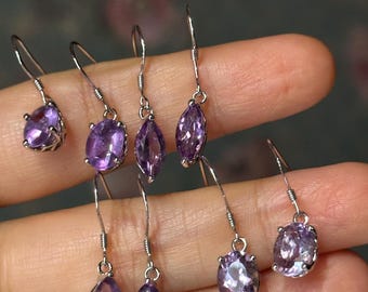 Sterling Silver Natural Amethyst Drop Earrings, Birthstone Jewelry