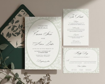 Conjunto de invitaciones de boda en verde salvia, paquete minimalista de boda botánica en verde, conjunto de invitaciones de boda modernas, plantilla editable de Canva