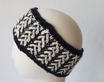 Braided Brioche Knit Ear Warmer/Neck Warmer in Black and Creamy White