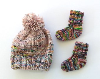 Baby Hat & Socks Set | Rainbow Pink | Hand Knit | Baby 3-6 months