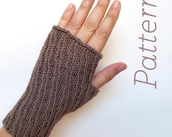 May include: Brown knitted fingerless gloves with a chevron pattern. The gloves are shown on a hand with the fingers extended.