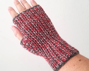 Red + Gray Fingerless Gloves | Cable Pattern | Hand Knit | Adult – One Size Fits Most