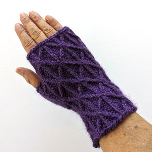 May include: Purple knitted fingerless gloves with a cable knit pattern.