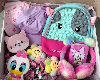 Coffret cadeau d'anniversaire pour petite fille de 1 à 4 ans, sac à dos pop it, ensemble de bonnets, brosse à cheveux pour enfants, sac, sac à main, accessoires pour cheveux