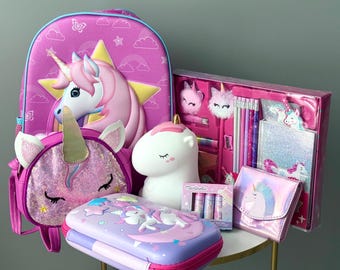 Coffret cadeau licorne pour écolières : sac à dos, ensemble de papeterie, trousse, veilleuse en silicone, sac et portefeuille