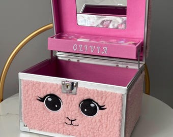 Boîte de rangement beauté personnalisée pour fille avec miroir - Sac personnalisé, cadeau cosmétique pour ado, récipient pour le nom, surprise d'anniversaire