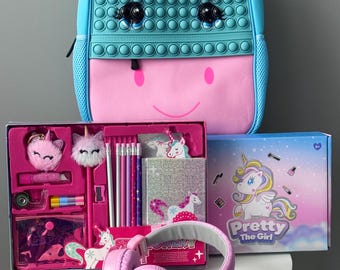 Unicorn Gift Box for Girls, Birthday Gift Set for Tween Girls, Unicorn Pop It Backpack, Unicorn Stationery Set, Holiday Gift For Girls