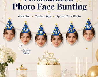 Personalized Photo Face Bunting, Custom Birthday Face Garland, Funny Birthday Party Decor, Custom Age Banner, 6pcs Photo Bunting