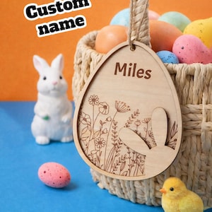 Personalized Easter Egg Ornament, Engraved Wood Bunny, Custom Name