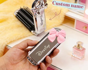 Personalized Folding Hair Brush Engraved Compact Mirror Comb | Custom Name Travel Purse Brush | Bridesmaid Birthday Wedding | For Women Girl