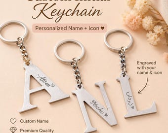Personalized Initial Keychain, Custom Letter Name Keyring with Icon, Alphabet Keychain Gift for Him Her