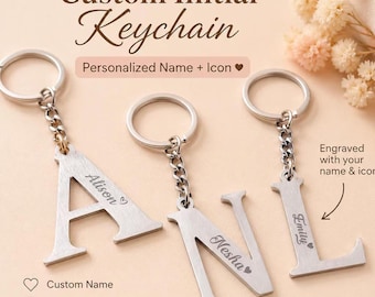 Personalized Initial Keychain, Custom Letter Name Keyring with Icon, Alphabet Keychain Gift for Him Her