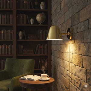Op de afbeelding: Een gouden wandlamp met een conische kap is bevestigd aan een bakstenen muur. De lamp verlicht de muur met een warme gloed. Een bibliotheeksetting met een groene fauteuil, een ronde tafel met een boek en een kopje thee, en een boekenkast.