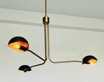 Mid Century Modern Brass Chandelier: Black & Gold Sputnik Light