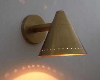 1950s Mid Century Raw Brass Finish Cone Wall Sconce: Italian Modern Sputnik Lamp