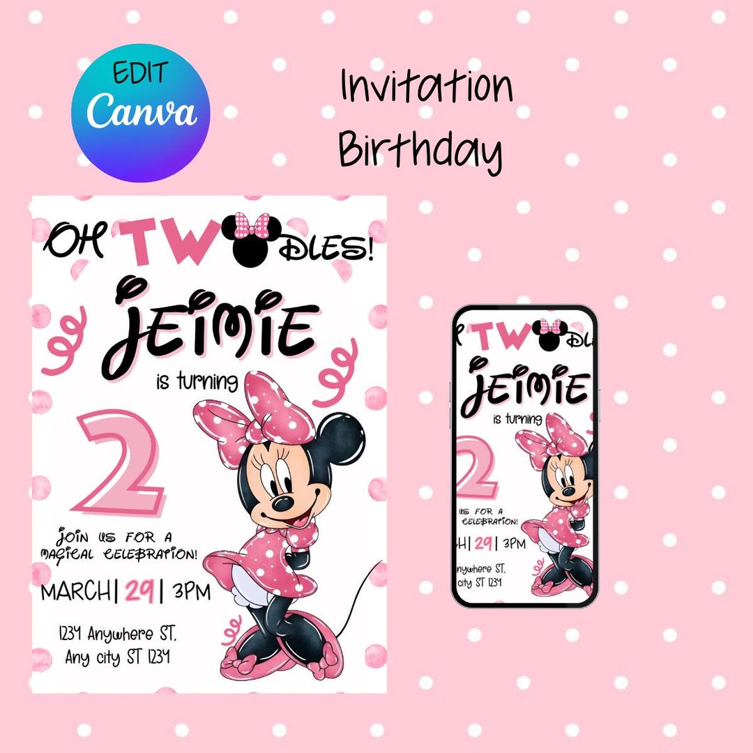 Editable Minnie Mouse Digital Invitation in Canva | Pink Mouse Birthday ...