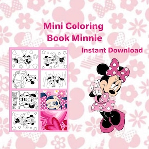Puede incluir: Una descarga digital rosa y blanca con un mini libro para colorear de Minnie Mouse. La portada dice "Mini Coloring Book Minnie" y "Instant Download". Las páginas del libro para colorear son ilustraciones en blanco y negro de Minnie Mouse.