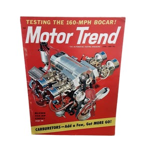May include: A vintage June 1959 Motor Trend magazine with a red cover featuring a detailed photograph of a chrome engine. The text reads Testing the 160-MPH Bocar, The Automotive Testing Magazine, Blown 415-HP Chevy, and Carburetors—Add a Few, Get More Go!