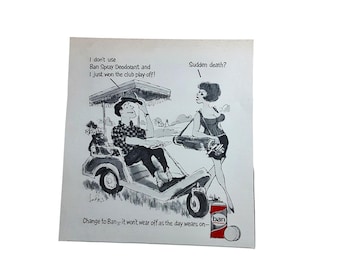 Anuncio impreso vintage de 1967 de desodorante en aerosol Ban, caricatura humorística de golf, mini 5 x 5.5