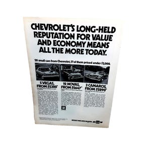 May include: An advertisement for Chevrolet cars. The headline reads "Chevrolet's Long-Held Reputation for Value and Economy Means All the More Today." The ad features images of three car models: Vegas, Novas, and Camaros, with prices listed.