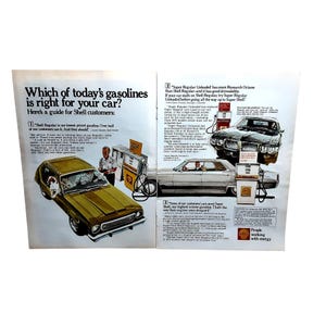 May include: Vintage advertisement for Shell gasoline. The ad features three cars, a gas station, and text that reads "Which of today's gasolines is right for your car?" and "People working with energy."