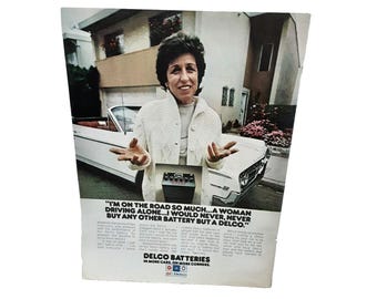 1974 AC Delco Batteries Woman with a 60s 88 Olds Convertible Original Print Ad
