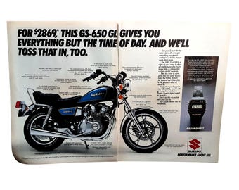 Vintage Suzuki GS650GL Motorcycle Ad 1982 Two Page Print Original Advertisement