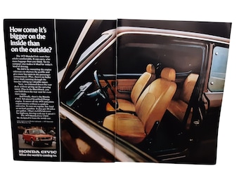 1975 Honda Civic CVCC 2 Page Vintage Print Ad Interior Compact Car