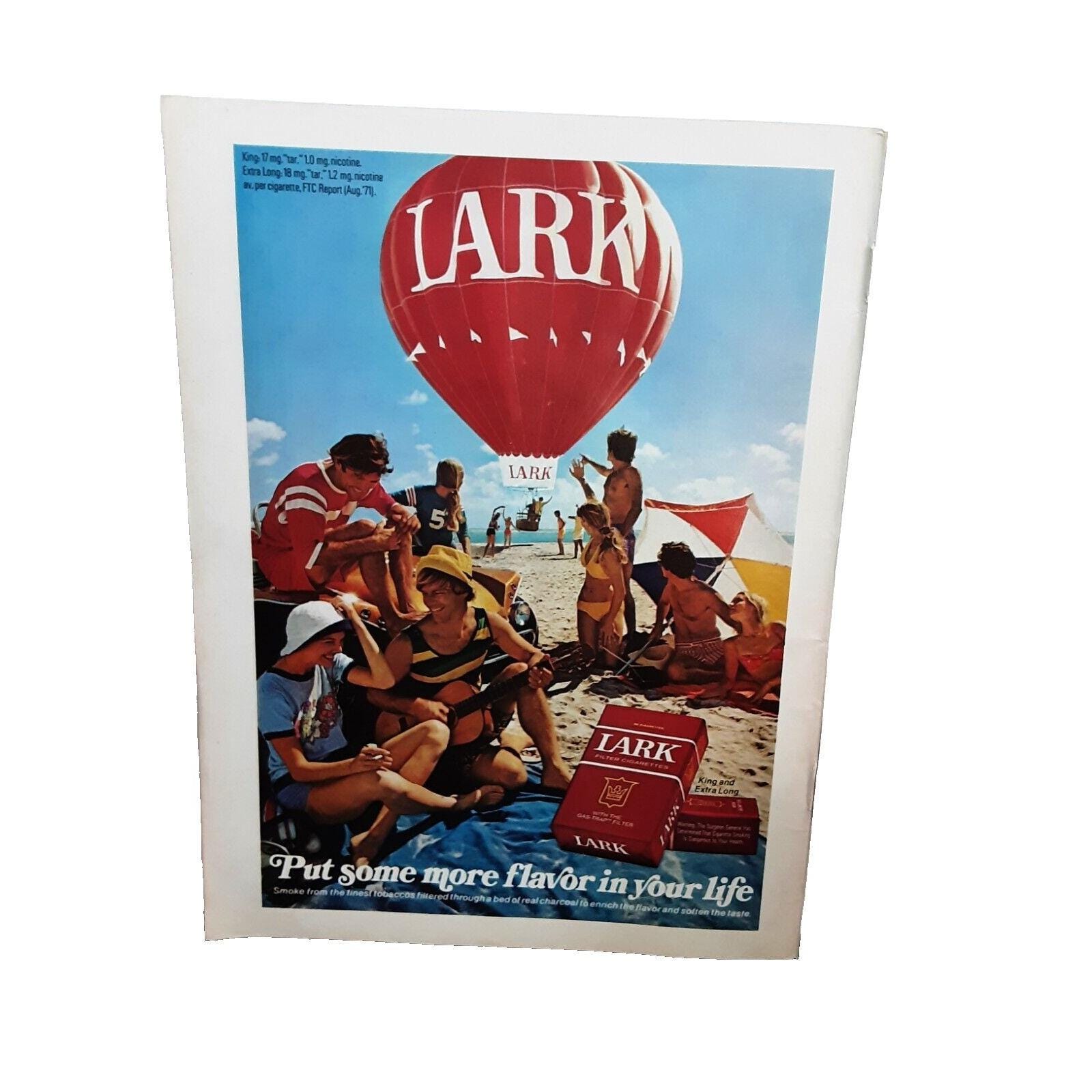 lark cigarettes 1972 Lark Cigarettes Balloon Beach Flavor In Your Life Original Print Ad