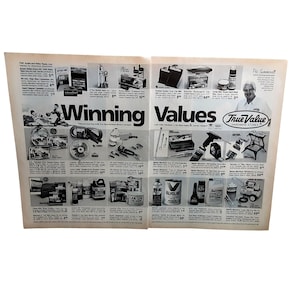 May include: A vintage advertisement spread from True Value Hardware Stores, featuring various tools, automotive supplies, and accessories. The headline reads "Winning Values." The page includes product images and prices.