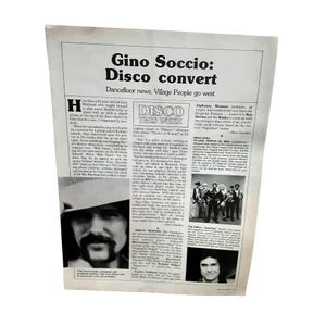 May include: A newspaper clipping featuring the headline "Gino Soccio: Disco convert." The article includes a photo of Gino Soccio, a group photo, and the text "Disco This Week."