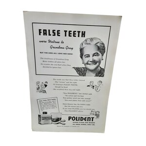 May include: Vintage advertisement for Polident, a denture cleaner, featuring a smiling woman and the text "FALSE TEETH." The ad includes illustrations and text promoting the product's benefits. The product is shown in a box and a glass.
