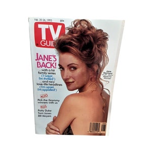 May include: A vintage TV Guide magazine cover from February 20-26, 1993, featuring Jane Seymour. The cover has the headline "JANE'S BACK!" and includes articles about a family series and the Grammy winners. The magazine is in good condition.