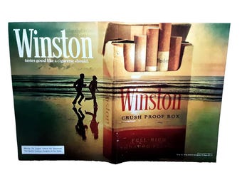 1974 Winston Cigarettes 2 Page Vintage Print Ad Beach Scene Crush Proof Box