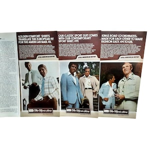 May include: A vintage magazine advertisement featuring men's fashion from Sears. The ad showcases various suits and shirts in different colors and patterns, with text describing the styles and prices. The overall aesthetic is reminiscent of the 1970s.