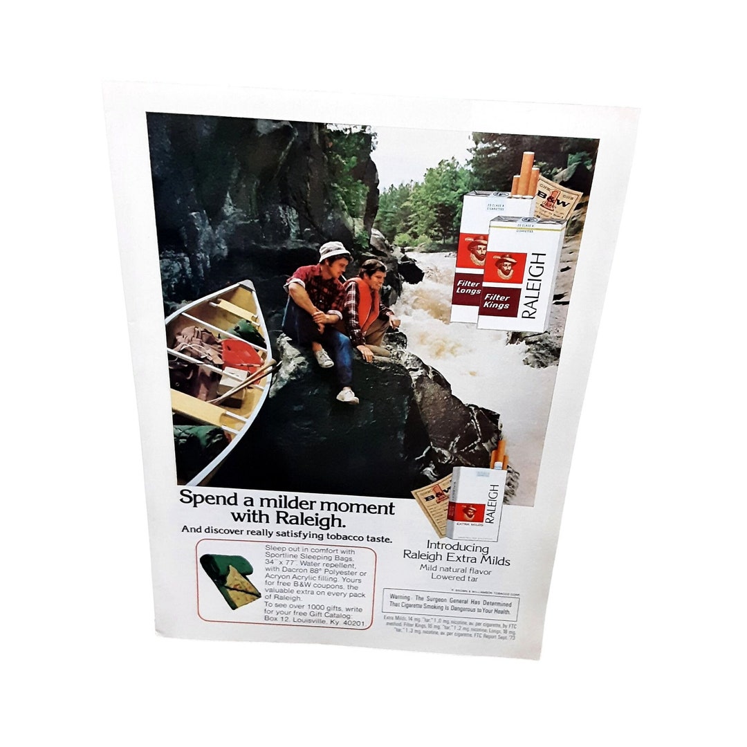 1974 Raleigh Cigarettes Men With Canoe Vintage Print Ad 70s Etsy