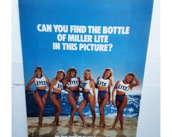 Vintage 1989 Miller Lite Ad Bikini Girls Beer Bottle Beach Print Promo Poster