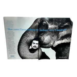 May include: An advertisement featuring a man with a mustache, his head framed by an elephant's trunk. The text reads, "How come I keep crashing my hardware every 9 months?" The IBM logo is at the bottom.