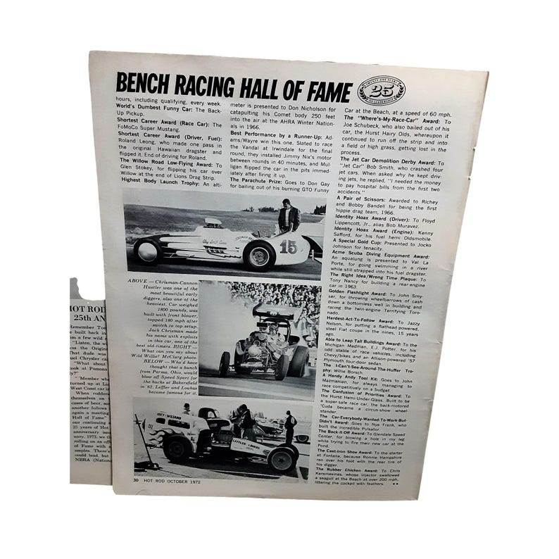 1972 Hot Rod Bench Racing Hall of Fame Drag Racing Article NHRA 4 Pages ...