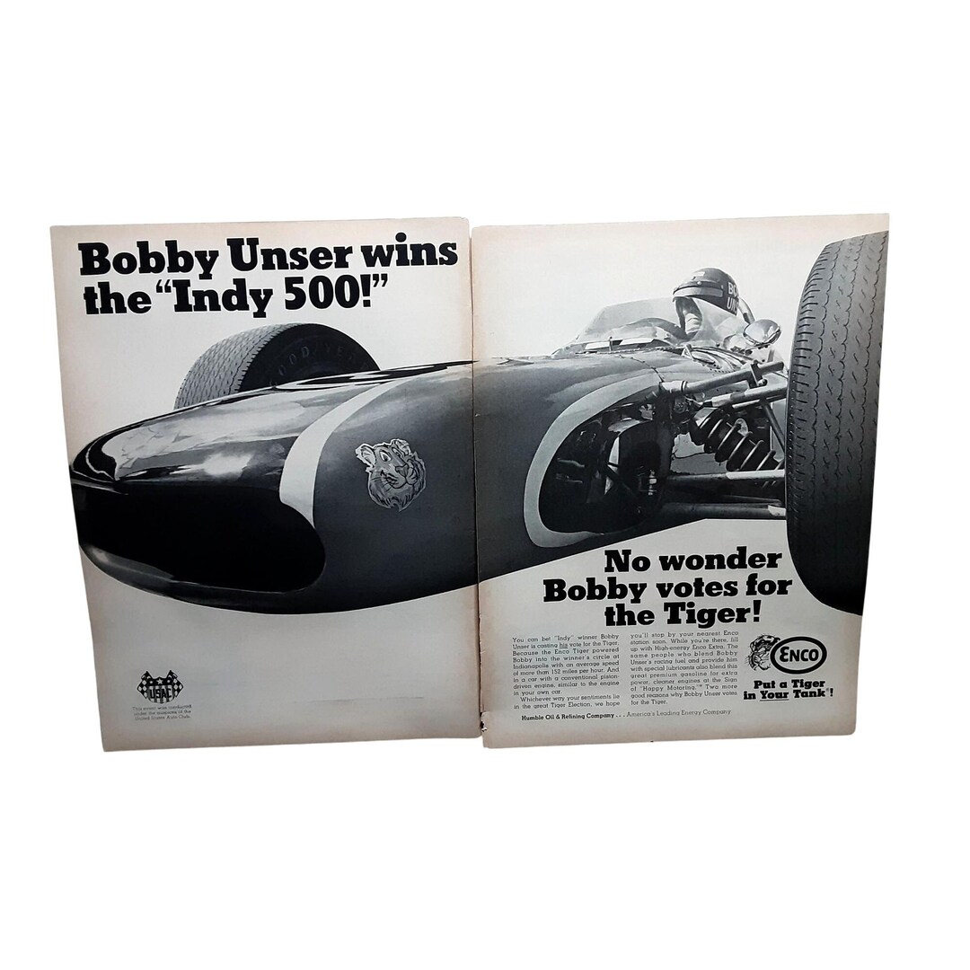 1968 Enco Bobby Unser Indy 500 Two-page Ad – Put a Tiger in Your Tank ...