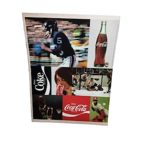 May include: A collage of vintage Coca-Cola advertisements featuring athletes in action. Images include a football player, hockey players, a baseball player, and a basketball player. A Coca-Cola bottle and can are also shown.