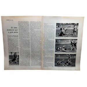 May include: A vintage magazine spread with text and black and white photographs. The headline reads "It's beer, bratwurst and a guts game." Photos depict athletes in action, with text columns detailing the event.