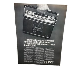 1977 Sony CF580 Stereo Cassette System Vintage Print Ad 70s