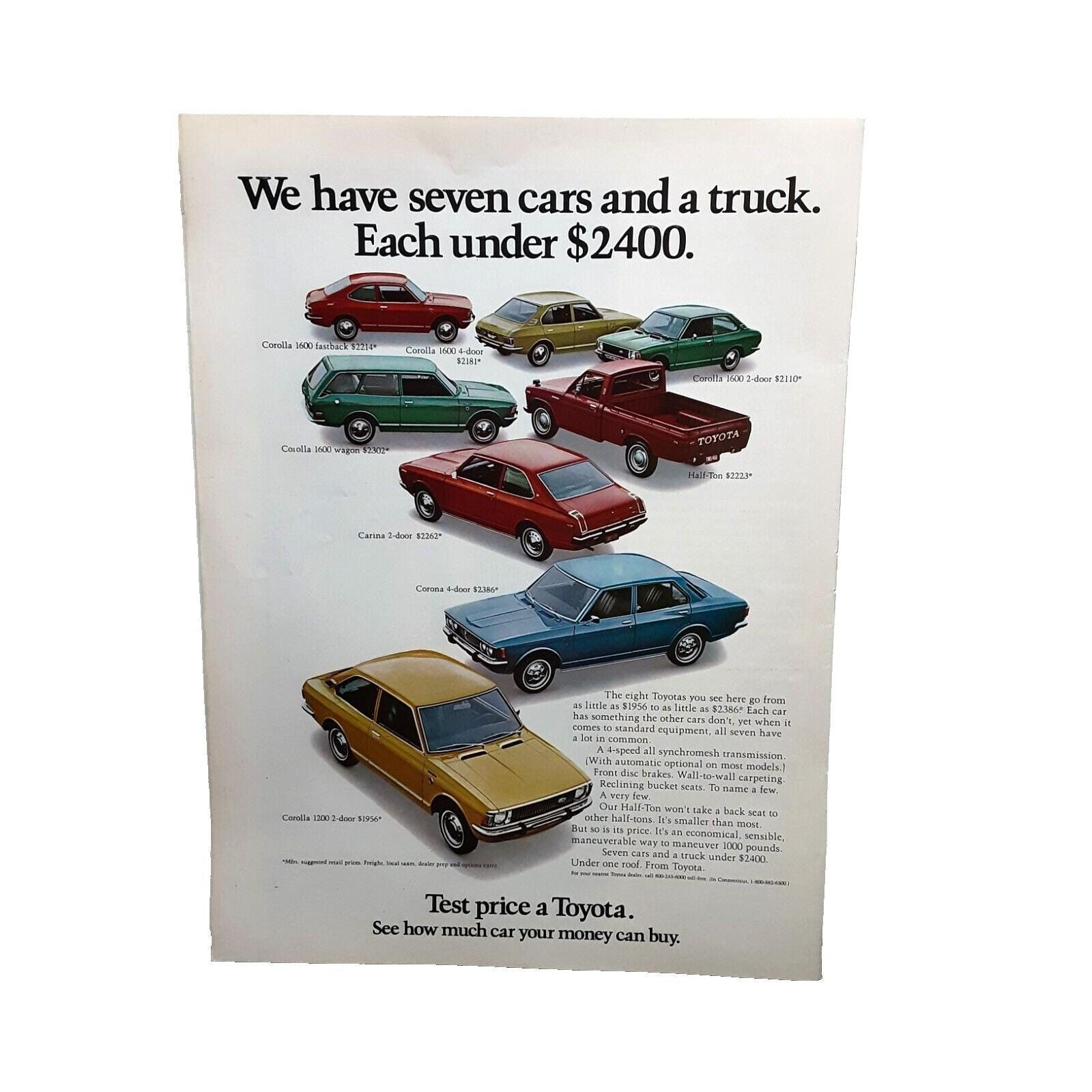 1972 Toyota Seven Cars and Trucks Corolla Half Ton Original Print