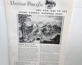 1929 Union Pacific Railroad Grand Canyon Ad - Vintage Print, Retro Home Decor