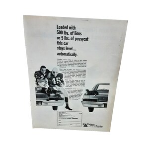 May include: Vintage advertisement for Delco Products' Automatic Level Control. The ad features a car with football players and a cat, with text stating the car stays level automatically, even with 500 lbs of lions or 5 lbs of pussycat.