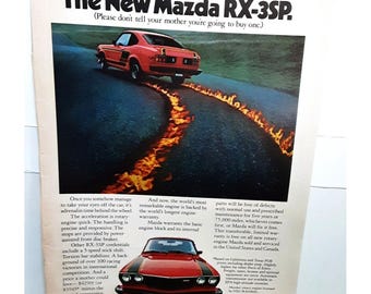 1977 Mazda RX 3SP Sports Car Laying Fire Original Print Ad Vintage 70s