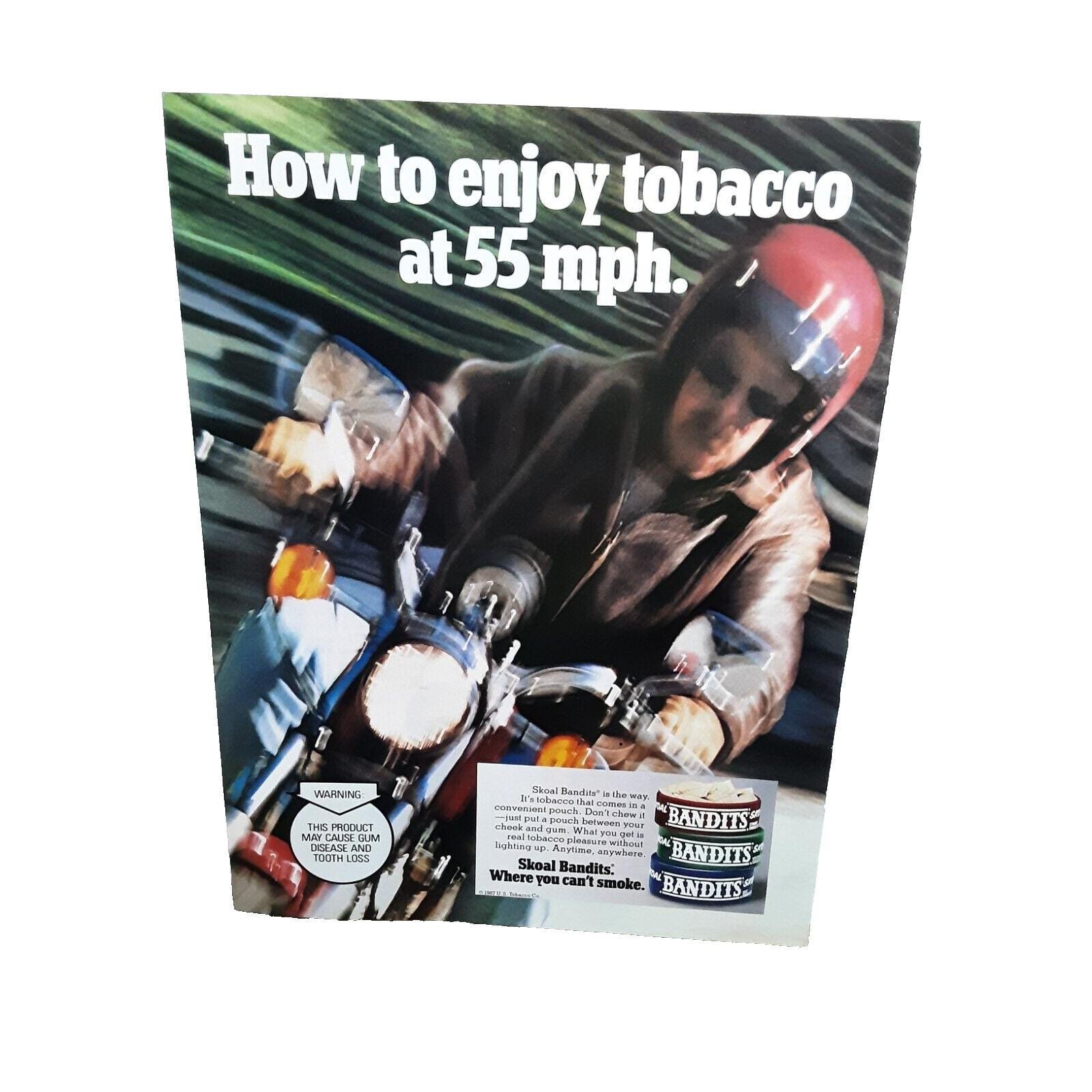 bandits chewing tobacco 1987 Bandit Tobacco Enjoy at 55 mph Motorcycle Original Vintage Print Ad 80s