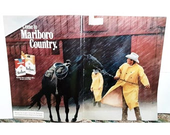 1974 Marlboro Country Ad Cowboy Rain Scene Vintage Cigarette Print Advertisement